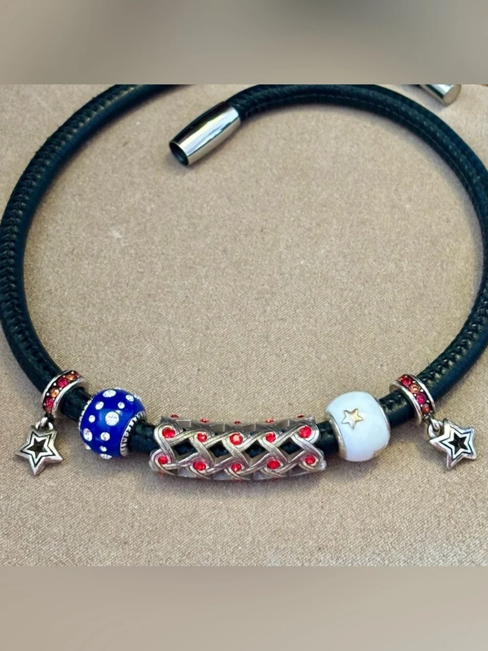 Brighton Interlace Long bead Pierced silver lattice with red crystal accents